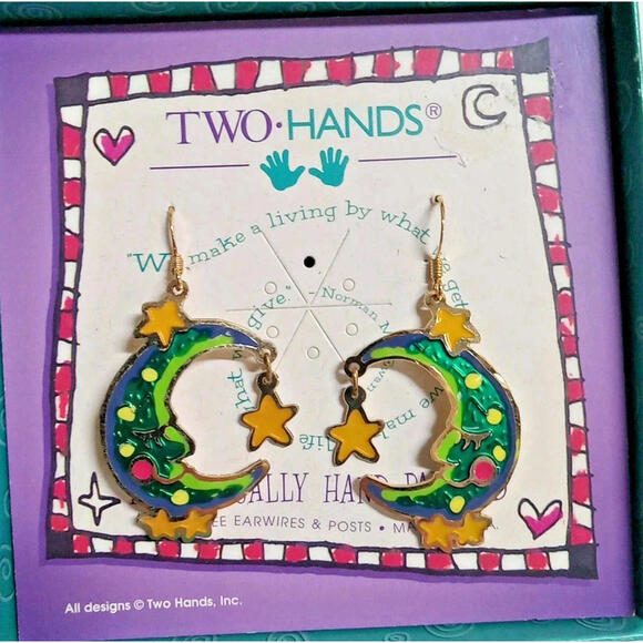 Vintage Signed Two Hands Moon & Stars Dangling Earrings Support Dev Delayed - Picture 2 of 7